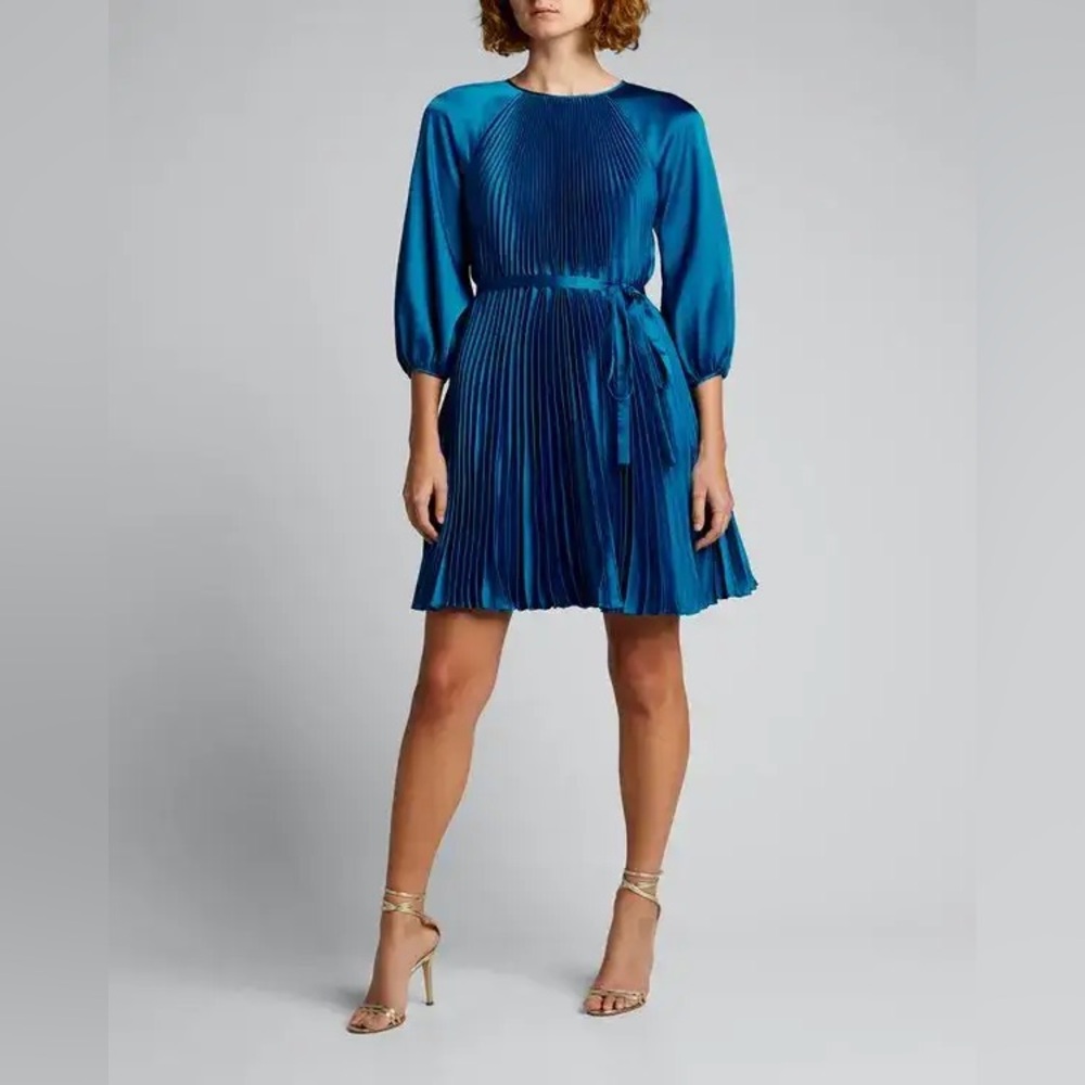 Rickie Freeman for Teri Jon Blouson-Sleeve Pleated Satin Dress in Peacock Sz 10